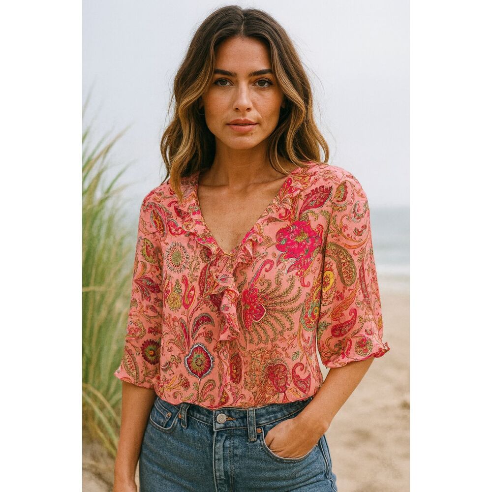 ICE Pink Paisley Floral Y2K 90s Crop Blouse Top Women's Size Large